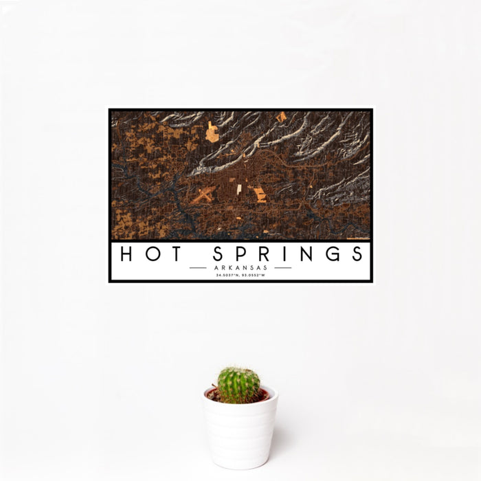 12x18 Hot Springs Arkansas Map Print Landscape Orientation in Ember Style With Small Cactus Plant in White Planter