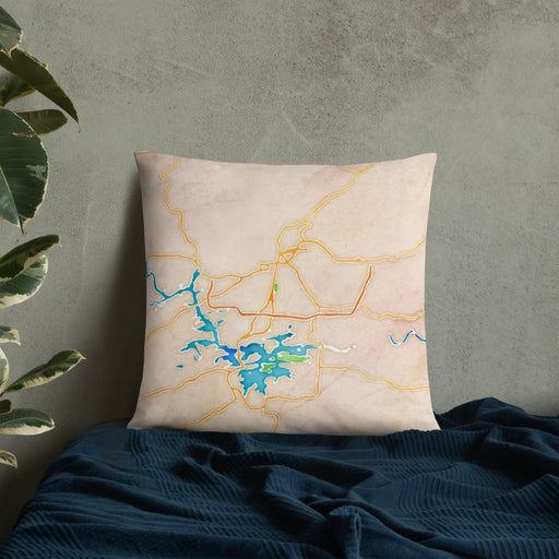 Custom Hot Springs Arkansas Map Throw Pillow in Watercolor on Bedding Against Wall