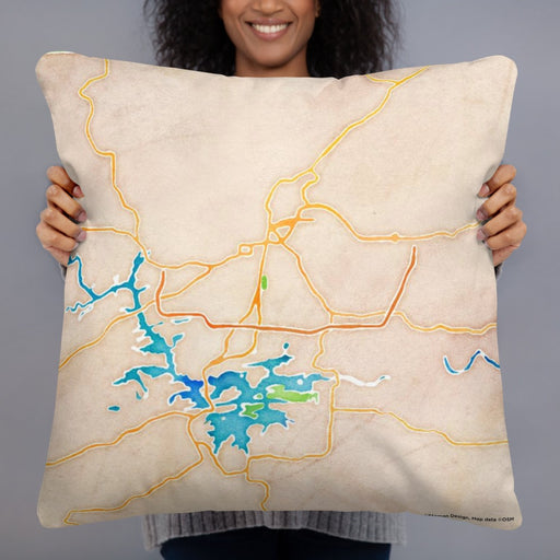 Person holding 22x22 Custom Hot Springs Arkansas Map Throw Pillow in Watercolor