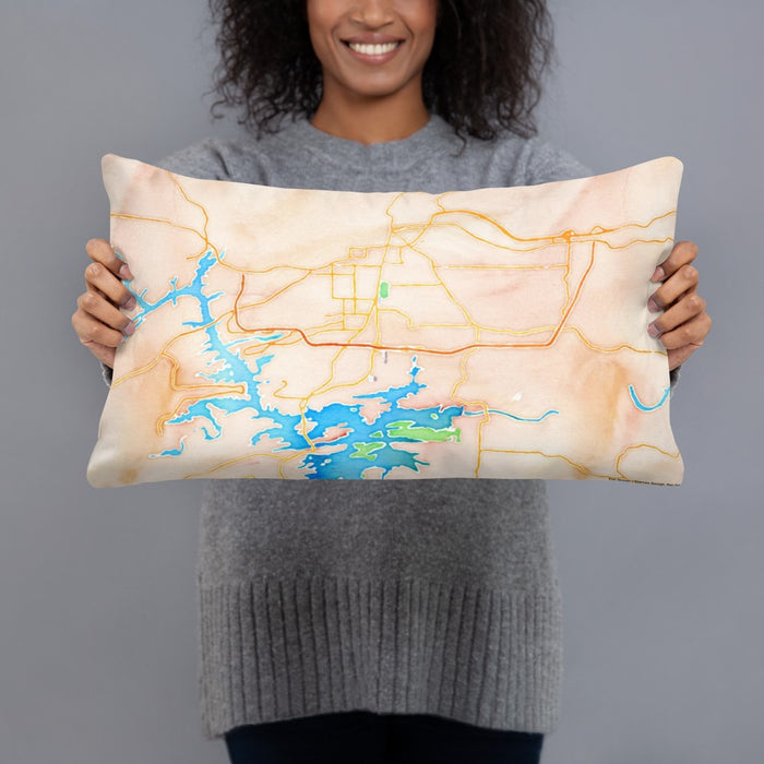 Person holding 20x12 Custom Hot Springs Arkansas Map Throw Pillow in Watercolor