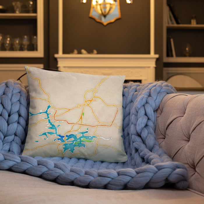 Custom Hot Springs Arkansas Map Throw Pillow in Watercolor on Cream Colored Couch