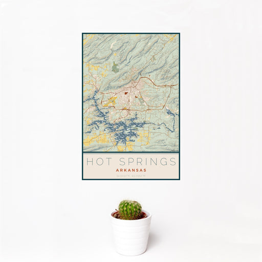 12x18 Hot Springs Arkansas Map Print Portrait Orientation in Woodblock Style With Small Cactus Plant in White Planter