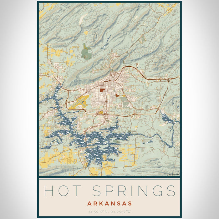 Hot Springs Arkansas Map Print Portrait Orientation in Woodblock Style With Shaded Background