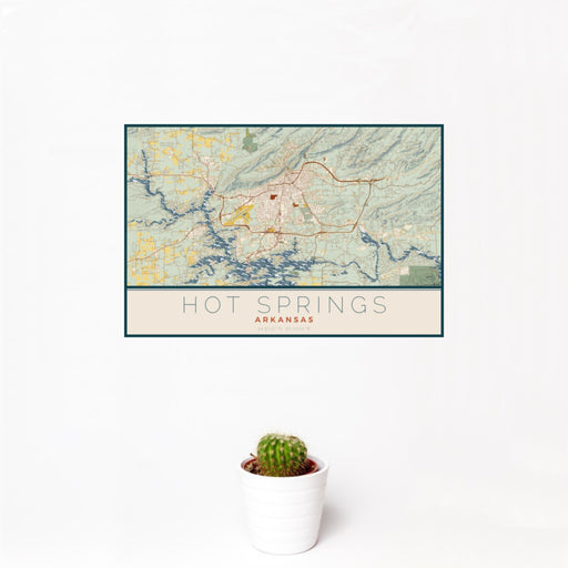12x18 Hot Springs Arkansas Map Print Landscape Orientation in Woodblock Style With Small Cactus Plant in White Planter