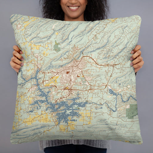 Person holding 22x22 Custom Hot Springs Arkansas Map Throw Pillow in Woodblock