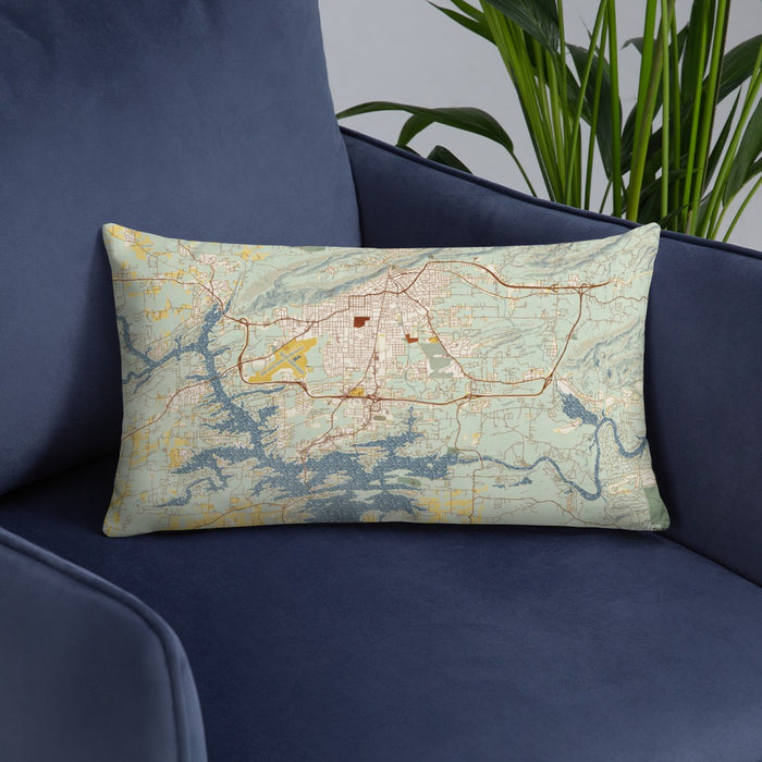 Custom Hot Springs Arkansas Map Throw Pillow in Woodblock on Blue Colored Chair