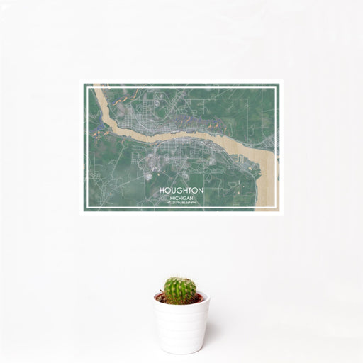12x18 Houghton Michigan Map Print Landscape Orientation in Afternoon Style With Small Cactus Plant in White Planter