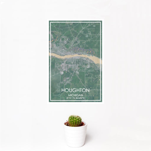 12x18 Houghton Michigan Map Print Portrait Orientation in Afternoon Style With Small Cactus Plant in White Planter
