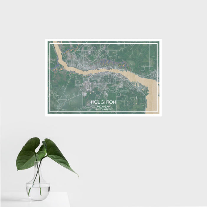 16x24 Houghton Michigan Map Print Landscape Orientation in Afternoon Style With Tropical Plant Leaves in Water