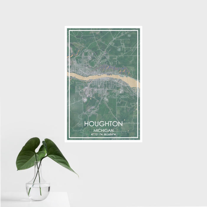 16x24 Houghton Michigan Map Print Portrait Orientation in Afternoon Style With Tropical Plant Leaves in Water