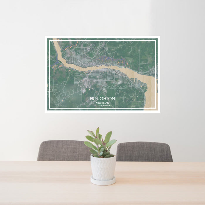 24x36 Houghton Michigan Map Print Lanscape Orientation in Afternoon Style Behind 2 Chairs Table and Potted Plant