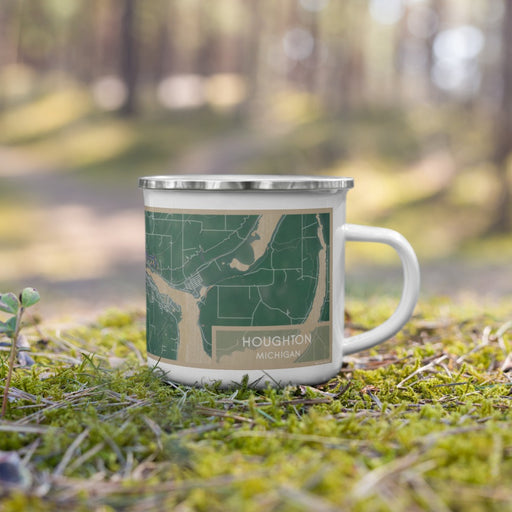 Right View Custom Houghton Michigan Map Enamel Mug in Afternoon on Grass With Trees in Background