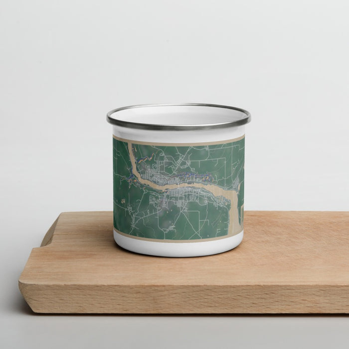 Front View Custom Houghton Michigan Map Enamel Mug in Afternoon on Cutting Board