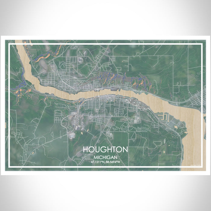 Houghton Michigan Map Print Landscape Orientation in Afternoon Style With Shaded Background