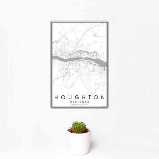 12x18 Houghton Michigan Map Print Portrait Orientation in Classic Style With Small Cactus Plant in White Planter