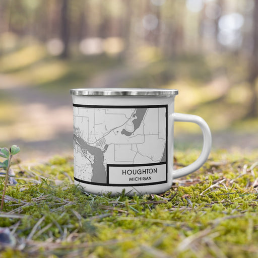 Right View Custom Houghton Michigan Map Enamel Mug in Classic on Grass With Trees in Background