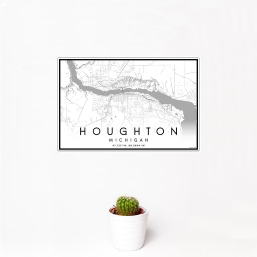12x18 Houghton Michigan Map Print Landscape Orientation in Classic Style With Small Cactus Plant in White Planter