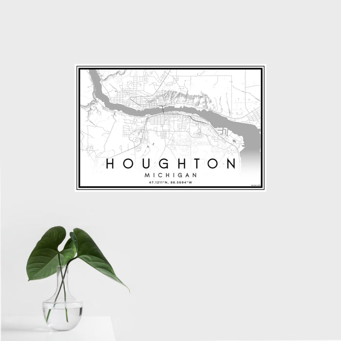 16x24 Houghton Michigan Map Print Landscape Orientation in Classic Style With Tropical Plant Leaves in Water