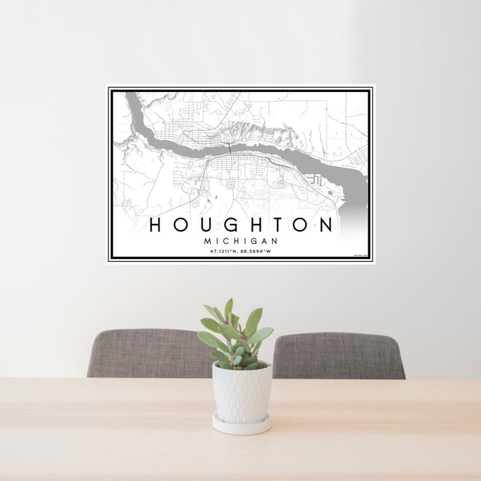 24x36 Houghton Michigan Map Print Landscape Orientation in Classic Style Behind 2 Chairs Table and Potted Plant