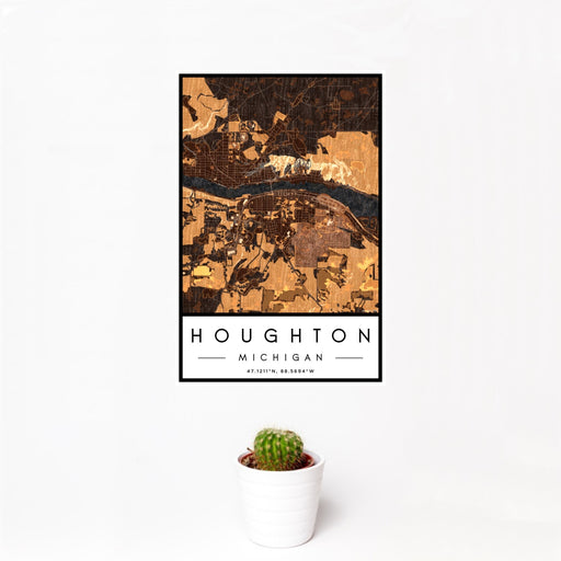 12x18 Houghton Michigan Map Print Portrait Orientation in Ember Style With Small Cactus Plant in White Planter