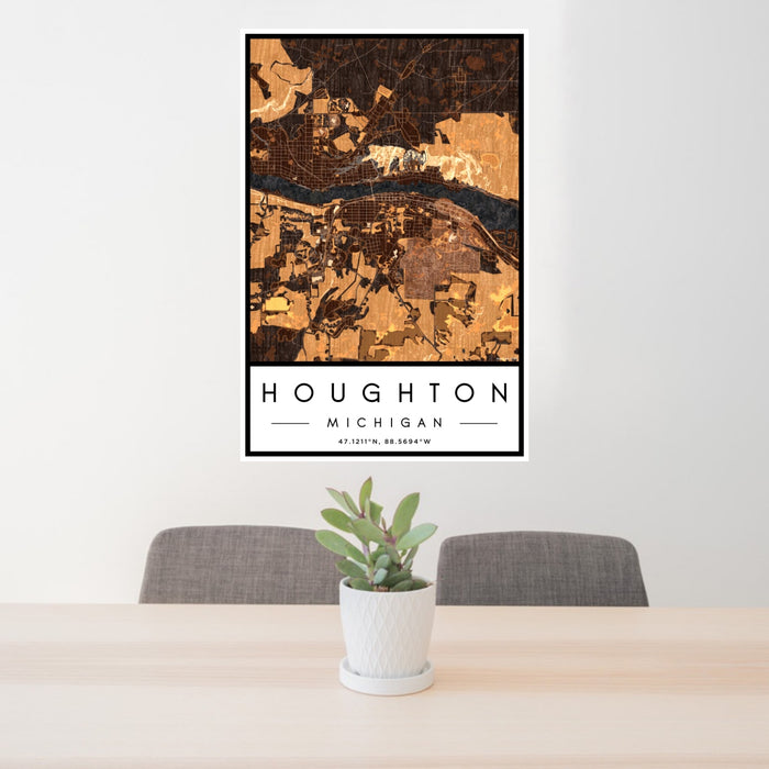 24x36 Houghton Michigan Map Print Portrait Orientation in Ember Style Behind 2 Chairs Table and Potted Plant
