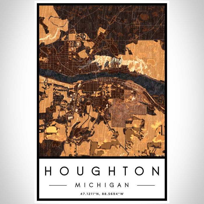 Houghton Michigan Map Print Portrait Orientation in Ember Style With Shaded Background