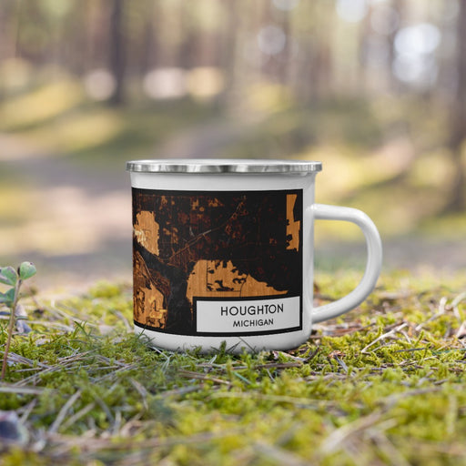 Right View Custom Houghton Michigan Map Enamel Mug in Ember on Grass With Trees in Background