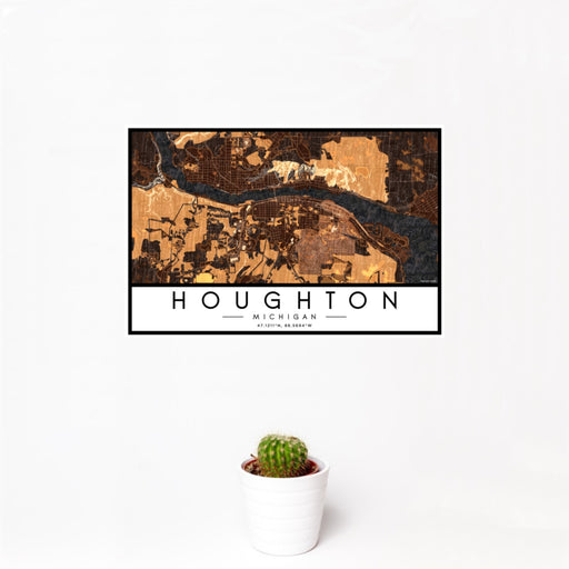 12x18 Houghton Michigan Map Print Landscape Orientation in Ember Style With Small Cactus Plant in White Planter