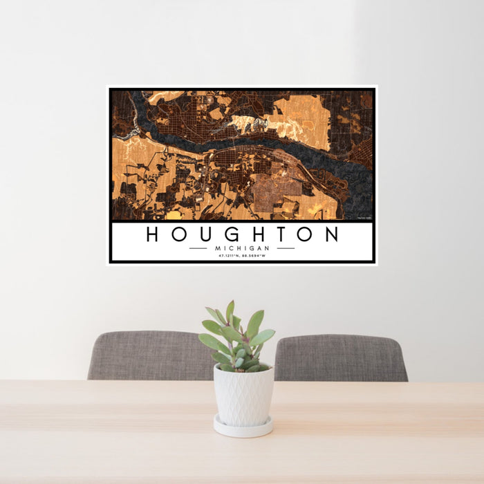 24x36 Houghton Michigan Map Print Landscape Orientation in Ember Style Behind 2 Chairs Table and Potted Plant