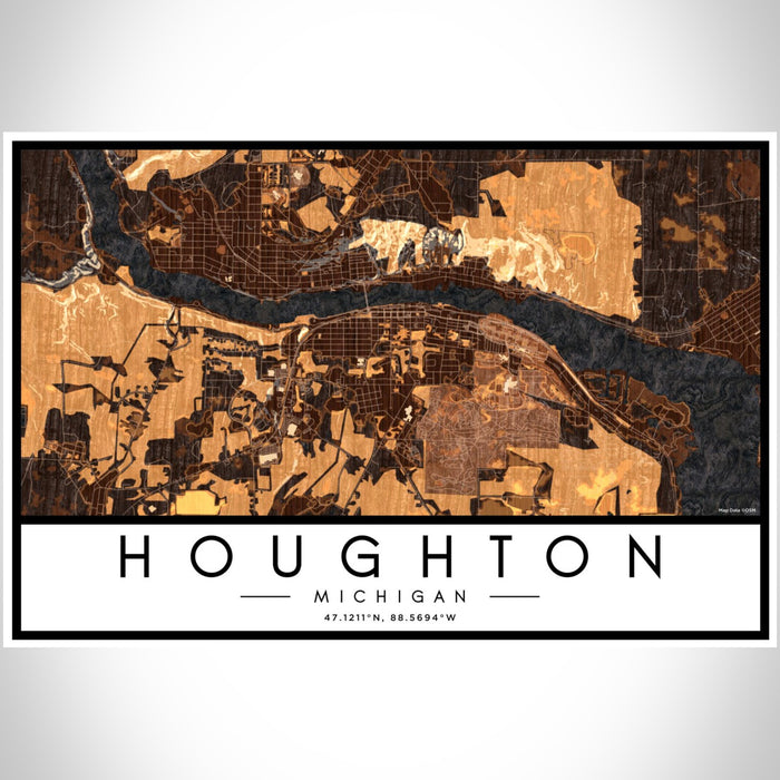 Houghton Michigan Map Print Landscape Orientation in Ember Style With Shaded Background