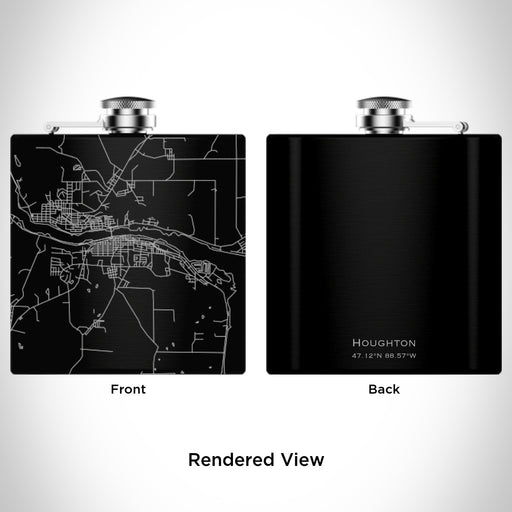 Rendered View of Houghton Michigan Map Engraving on 6oz Stainless Steel Flask in Black
