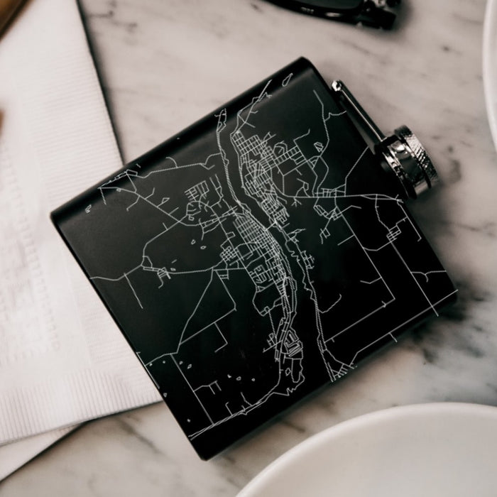Houghton Michigan Custom Engraved City Map Inscription Coordinates on 6oz Stainless Steel Flask in Black
