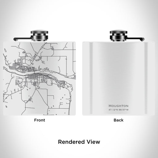 Rendered View of Houghton Michigan Map Engraving on 6oz Stainless Steel Flask in White