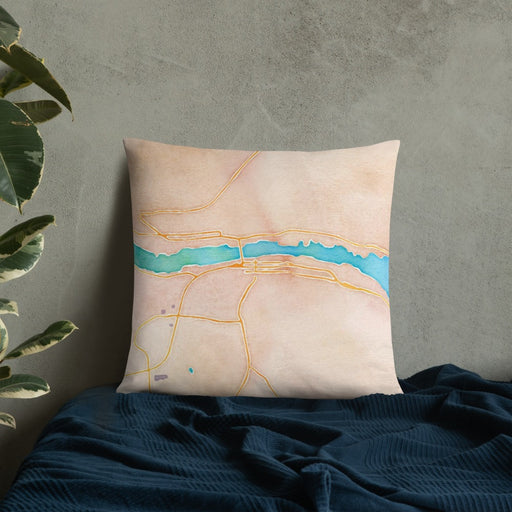 Custom Houghton Michigan Map Throw Pillow in Watercolor on Bedding Against Wall