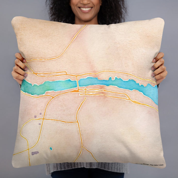 Person holding 22x22 Custom Houghton Michigan Map Throw Pillow in Watercolor
