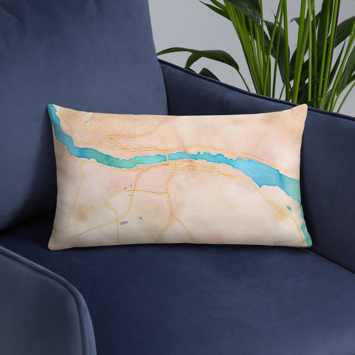 Custom Houghton Michigan Map Throw Pillow in Watercolor on Blue Colored Chair
