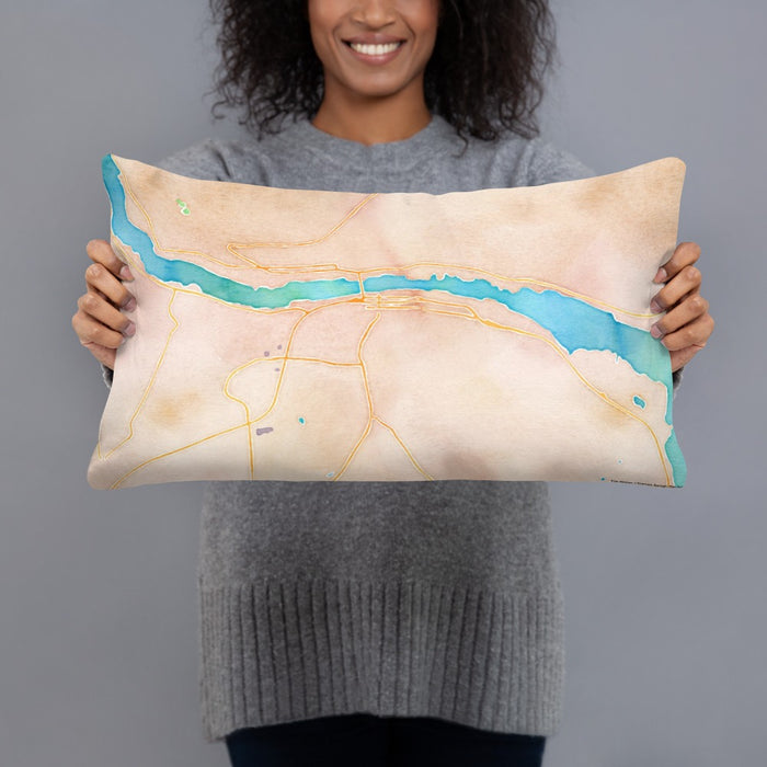 Person holding 20x12 Custom Houghton Michigan Map Throw Pillow in Watercolor