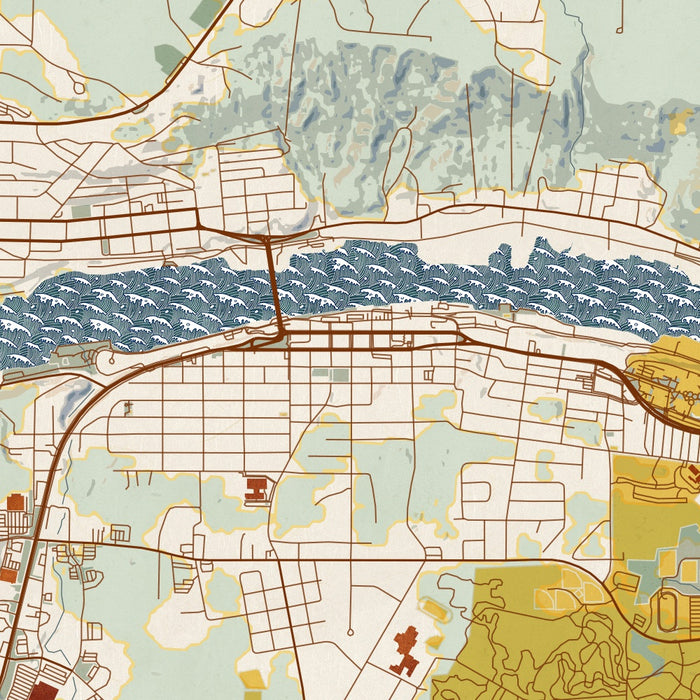 Houghton Michigan Map Print in Woodblock Style Zoomed In Close Up Showing Details