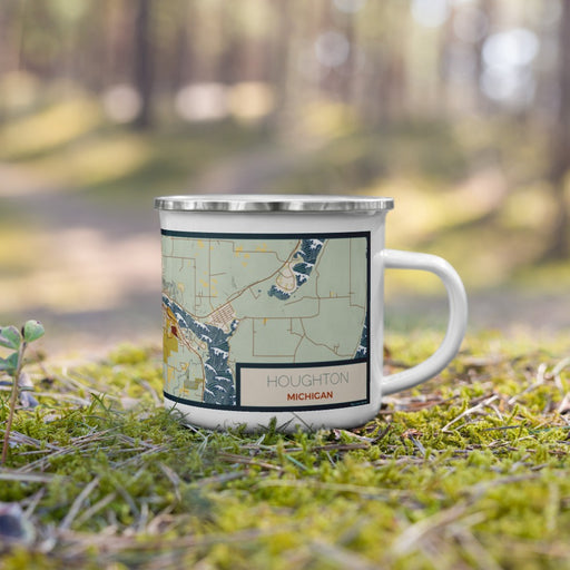 Right View Custom Houghton Michigan Map Enamel Mug in Woodblock on Grass With Trees in Background