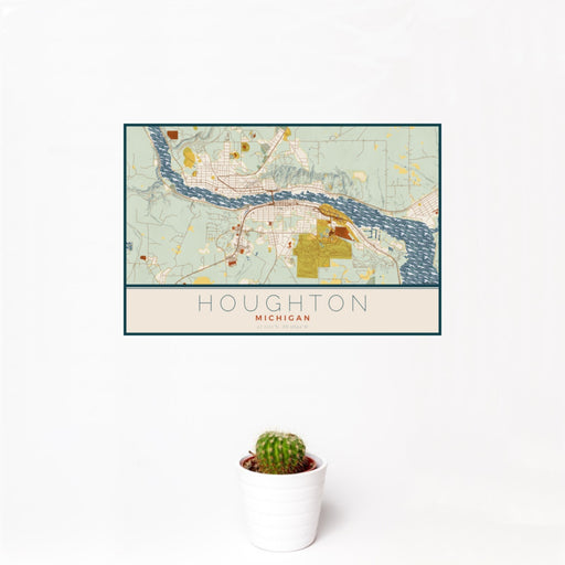 12x18 Houghton Michigan Map Print Landscape Orientation in Woodblock Style With Small Cactus Plant in White Planter
