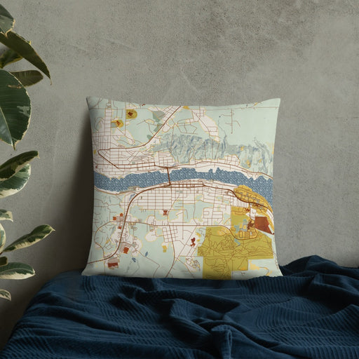 Custom Houghton Michigan Map Throw Pillow in Woodblock on Bedding Against Wall