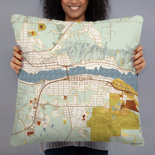 Person holding 22x22 Custom Houghton Michigan Map Throw Pillow in Woodblock