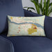 Custom Houghton Michigan Map Throw Pillow in Woodblock on Blue Colored Chair