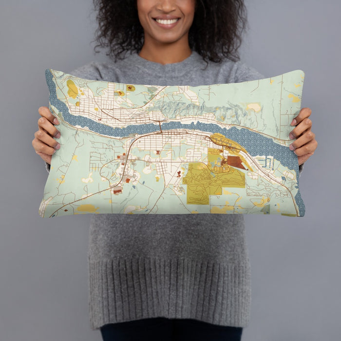 Person holding 20x12 Custom Houghton Michigan Map Throw Pillow in Woodblock