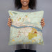 Person holding 18x18 Custom Houghton Michigan Map Throw Pillow in Woodblock