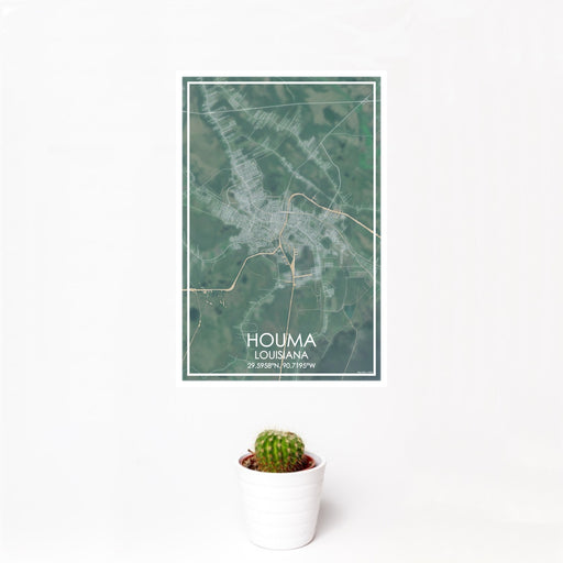 12x18 Houma Louisiana Map Print Portrait Orientation in Afternoon Style With Small Cactus Plant in White Planter