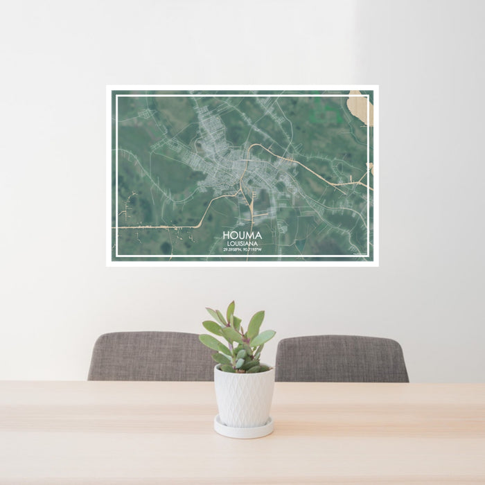 24x36 Houma Louisiana Map Print Lanscape Orientation in Afternoon Style Behind 2 Chairs Table and Potted Plant