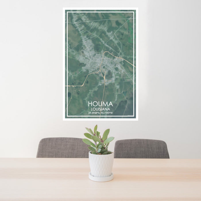 24x36 Houma Louisiana Map Print Portrait Orientation in Afternoon Style Behind 2 Chairs Table and Potted Plant