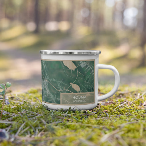 Right View Custom Houma Louisiana Map Enamel Mug in Afternoon on Grass With Trees in Background