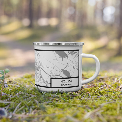 Right View Custom Houma Louisiana Map Enamel Mug in Classic on Grass With Trees in Background